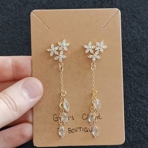 NEW HANDMADE 18K GOLD PLATED CUBIC ZIRCONIA FLOWER STUD TASSEL FAIRY EARRINGS